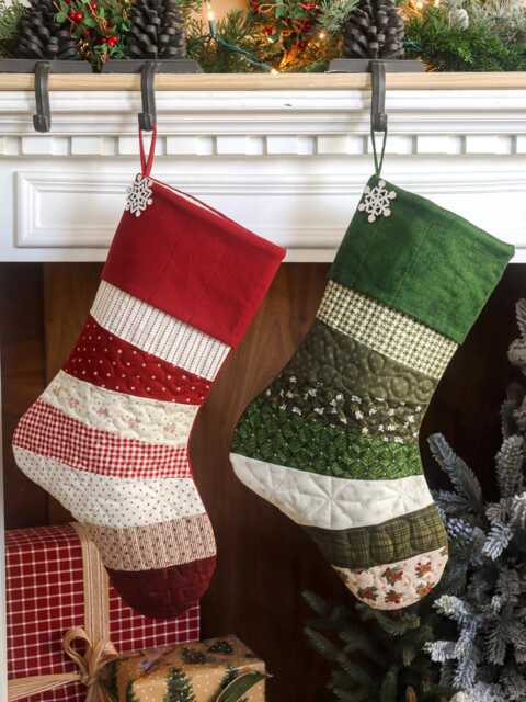 Quilted Christmas Stocking Set, Patchwork Design, Embroidery Option, Farmhouse Decor - image 1