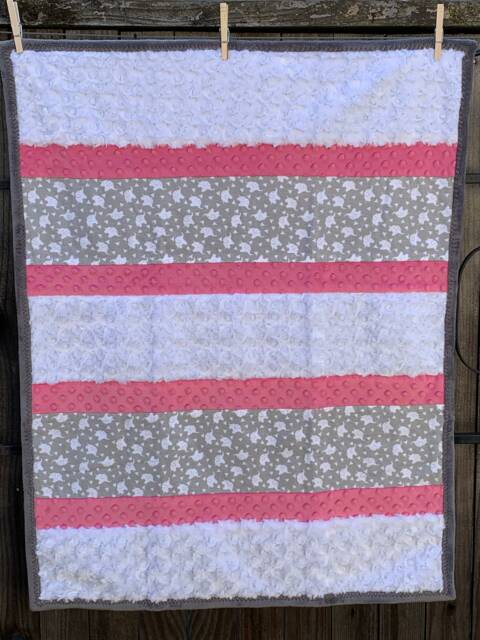Handmade Modern Baby Minky Blanket Gray, Pink & White Dancing Elephants - image 1