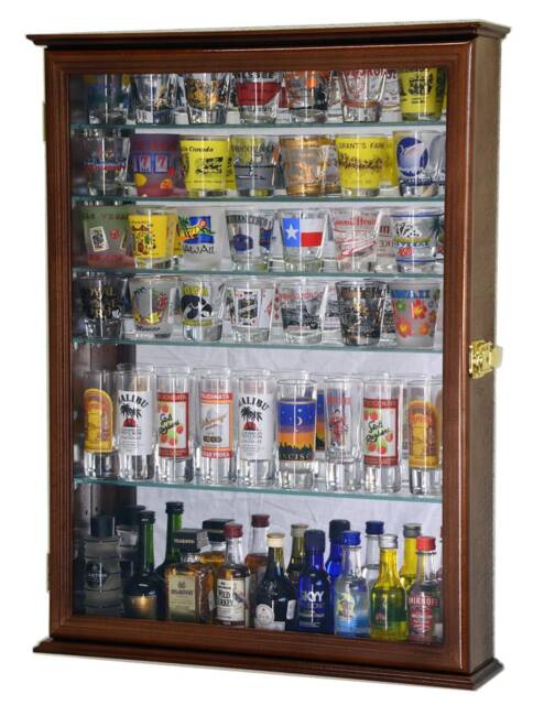 Large Mirror Backed & 7 Glass Shelves Shot Shotglass Shooter Bottle Cups Display Case Cabinet Holder - image 1