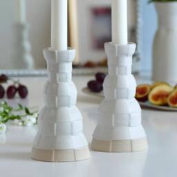 Modern Ceramic Shabbat Candlesticks, Checkered Judaica Decor - thumbnail 1