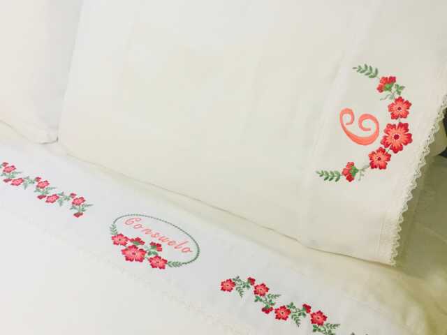 Embroidered Floral Cotton Bed Sheet Set - Personalized Monogram Bedding Home Decor - image 1