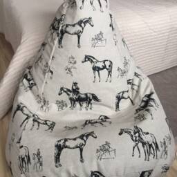 Linen Bean Bag Chair Cover With Zipper Black Horse Print, Farmhouse Decor No Filling - thumbnail 2