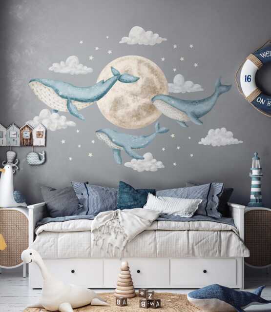Dreamy Whales Large Wall Decals, Kids Room Stickers, Nursery Decals - image 1