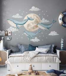 Dreamy Whales Large Wall Decals, Kids Room Stickers, Nursery Decals