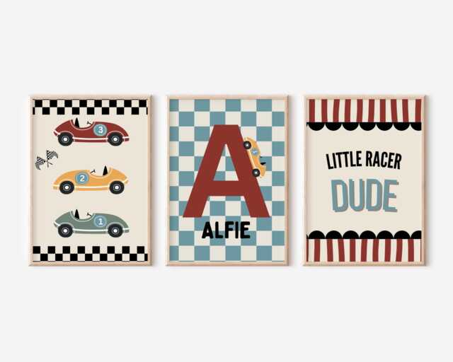 Set Of 3 Personalised Little Dude Racer Wall Prints For Bedroom, Playroom Or Nursery - image 1