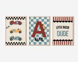 Set Of 3 Personalised Little Dude Racer Wall Prints For Bedroom, Playroom Or Nursery - thumbnail 1