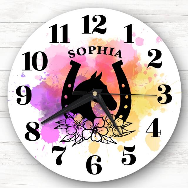 Colourful Horse Shoe Girl's Room Custom Gift Personalised Clock - image 1