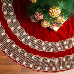 Red Christmas Tree Skirt 60 Inch Velvet Gemstone Decorations Holiday Tree Skirt