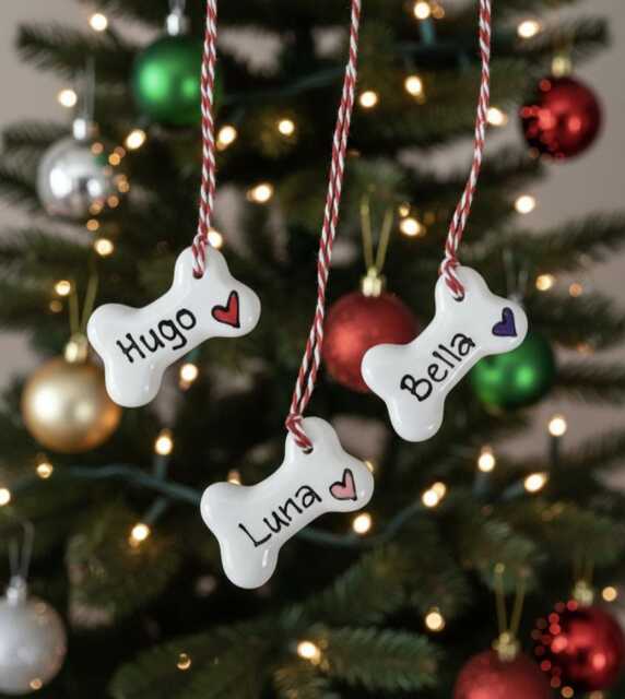 Small Dog Christmas Decoration, Personalised Dog Bone Hanging Ceramic Decoration - image 1