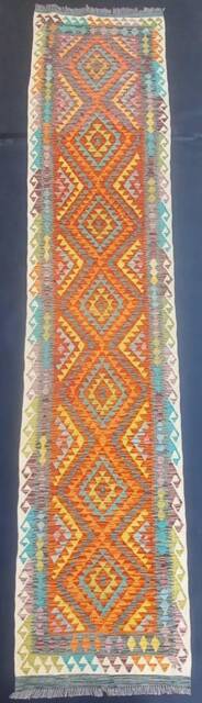 Runner Rug Aztecis, Handmade Artisan Afghan Turkish Aztec Natural Wool Kilim 402x82 cm - image 1