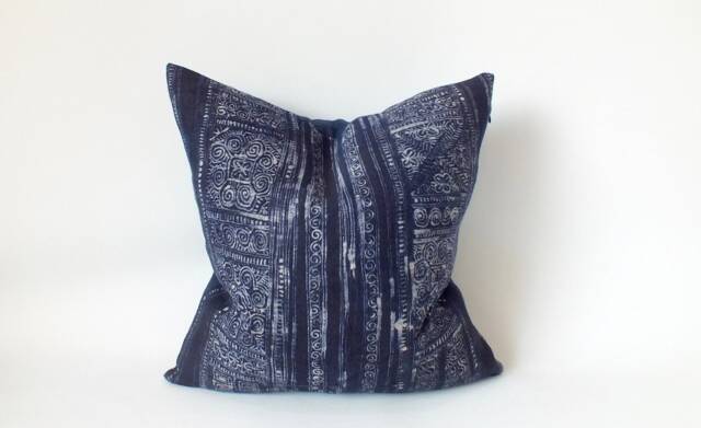 Indigo Hmong Batik Hemp Pillow Handwoven Tribal Cushion - 20x20 Sofa Cushions Throw Pillows - image 1