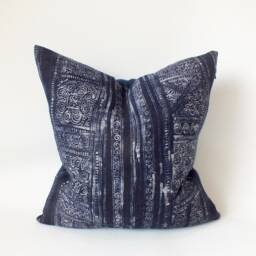 Indigo Hmong Batik Hemp Pillow Handwoven Tribal Cushion - 20x20 Sofa Cushions Throw Pillows - thumbnail 4