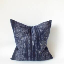 Indigo Hmong Batik Hemp Pillow Handwoven Tribal Cushion - 20x20 Sofa Cushions Throw Pillows - thumbnail 3