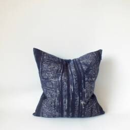 Indigo Hmong Batik Hemp Pillow Handwoven Tribal Cushion - 20x20 Sofa Cushions Throw Pillows - thumbnail 2