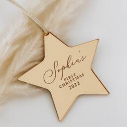 Baby's First Christmas Decoration, Personalised Star Ornament, Keepsake 1St Xmas Tree Bauble, Secret Santa Gift Idea, Rose Gold, Gold, Silver