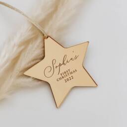 Baby's First Christmas Decoration, Personalised Star Ornament, Keepsake 1St Xmas Tree Bauble, Secret Santa Gift Idea, Rose Gold, Gold, Silver - thumbnail 2
