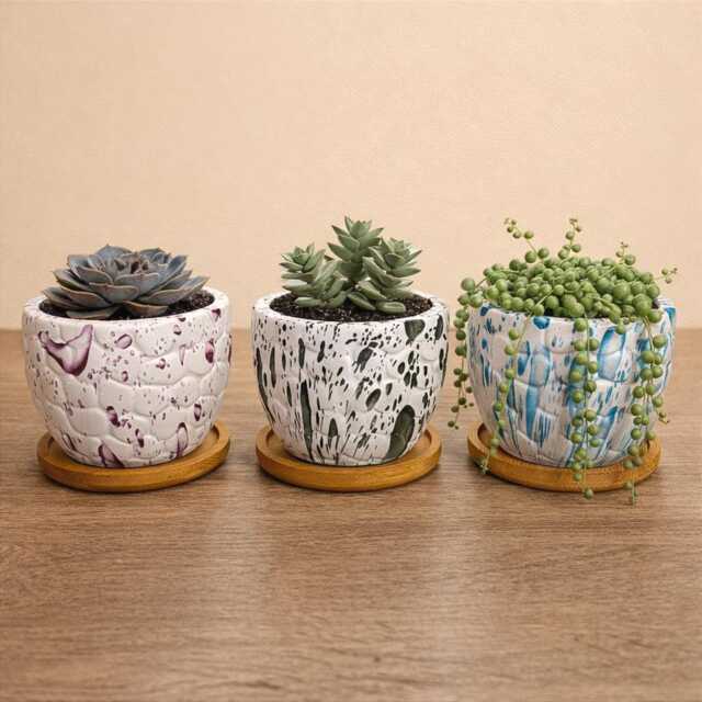 Ceramic White Paint Splash Effect Style Succulent Planters With Bamboo Coaster/Small Desktop Plant Pot Indoor Office Home Gift Idea - image 1