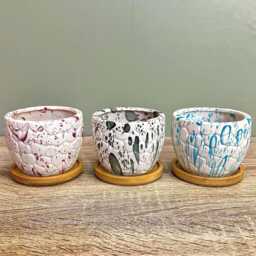Ceramic White Paint Splash Effect Style Succulent Planters With Bamboo Coaster/Small Desktop Plant Pot Indoor Office Home Gift Idea - thumbnail 2