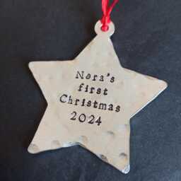 Personalised Christmas Tree Star Decoration. Baby's Name 1St First 2024