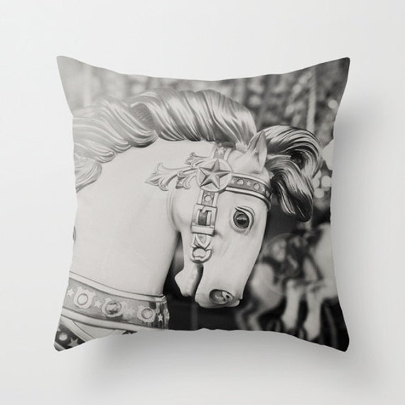 Horse Pillow Carnival - Carousel Case Nursery Room Decor Children's Black & White 16x16 18x18 20x20 Cover - image 1