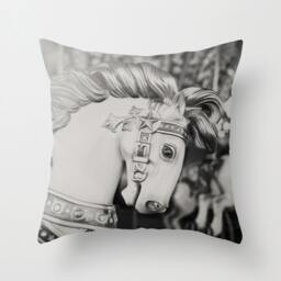 Horse Pillow Carnival - Carousel Case Nursery Room Decor Children's Black & White 16x16 18x18 20x20 Cover - thumbnail 1