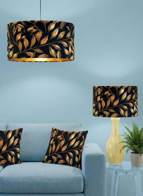 Handmade By Order Luxury Black Gold Leaf Plant Tree Pattern Velvet Drum Table & Ceiling Lamp Shade All Shapes Sizes Available Lini - image 1