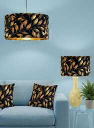 Handmade By Order Luxury Black Gold Leaf Plant Tree Pattern Velvet Drum Table & Ceiling Lamp Shade All Shapes Sizes Available Lini - thumbnail 1