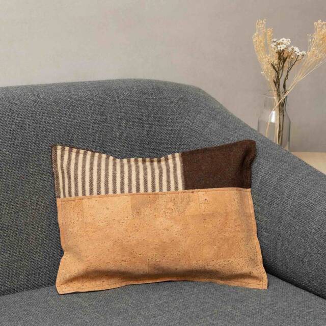 Handmade Cork & Burel Throw Pillow Cover. Portuguese Handmade Cushion in Cork Fabric & Brown Striped Boiled Wool - image 1