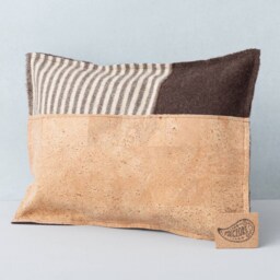 Handmade Cork & Burel Throw Pillow Cover. Portuguese Handmade Cushion in Cork Fabric & Brown Striped Boiled Wool - thumbnail 3