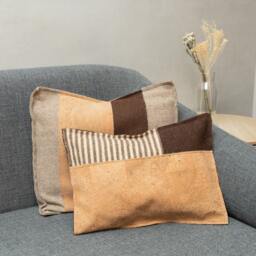 Handmade Cork & Burel Throw Pillow Cover. Portuguese Handmade Cushion in Cork Fabric & Brown Striped Boiled Wool - thumbnail 2