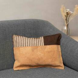 Handmade Cork & Burel Throw Pillow Cover. Portuguese Handmade Cushion in Cork Fabric & Brown Striped Boiled Wool - thumbnail 1