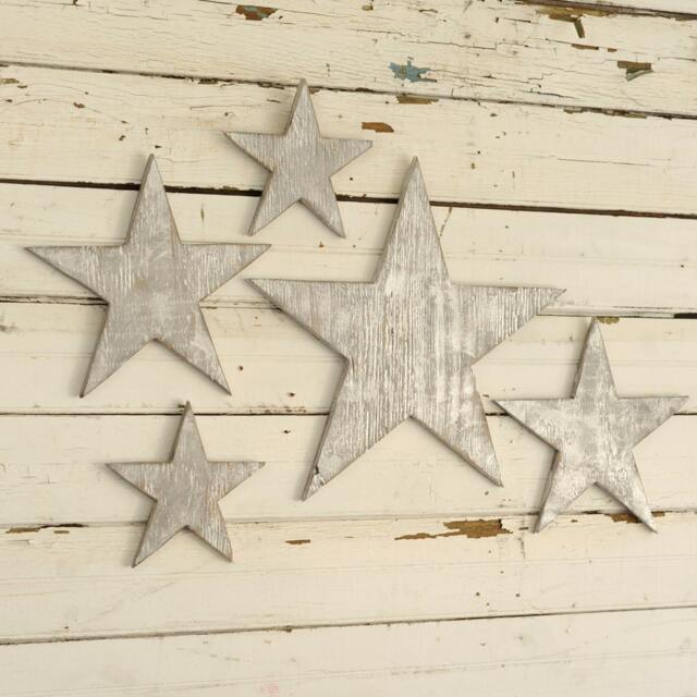 Star Set 5 Pc Wall Art Wooden Stars Outdoor Decor Holiday Silver Gold Christmas Three Distressed Metallic Color - image 1