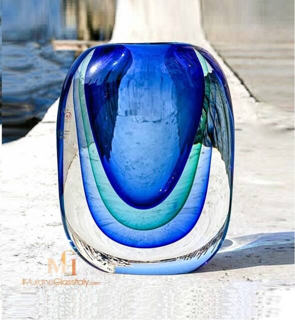 Hand Blown Murano Glass Vase - Blue & Clear Venetian Crystal Centerpiece - image 1