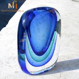 Hand Blown Murano Glass Vase - Blue & Clear Venetian Crystal Centerpiece - thumbnail 2