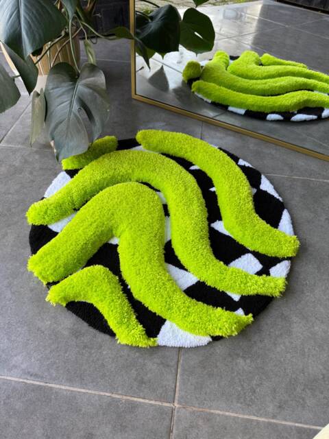 3D Vibrant Green & Checkered Fluffy Handmade Tufted Rug - image 1