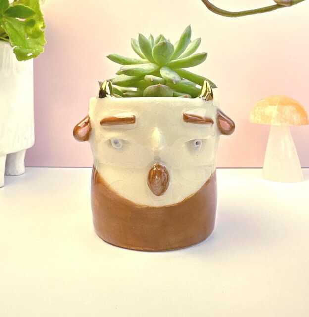 Faun Succulent Planter With Drainage, Handmade Ceramic Mythical Creature Plant Pot, Funny Small Gold Horns, Gift For Love - image 1
