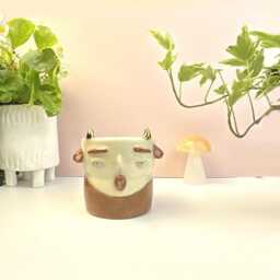 Faun Succulent Planter With Drainage, Handmade Ceramic Mythical Creature Plant Pot, Funny Small Gold Horns, Gift For Love - thumbnail 2