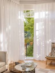 Pair Of Pleated White Linen Look Curtains Voile Drapery, Window Sheers Sheer Drapery Panel Bedroom Custom - thumbnail 1