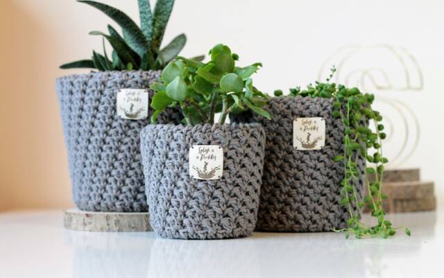 Handmade Crochet Plant Pot Cover Slate Grey Cotton, Plastic Free - image 1