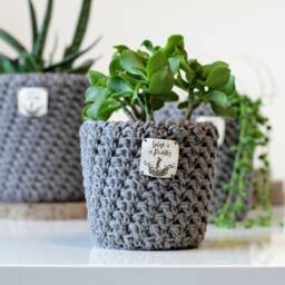Handmade Crochet Plant Pot Cover Slate Grey Cotton, Plastic Free - thumbnail 3