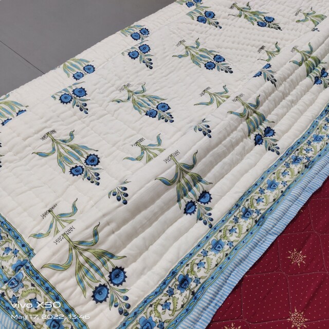 Hand Block Print Cotton Quilt, Floral Jaipuri Razai, Handmade Queen Bedspread - image 1