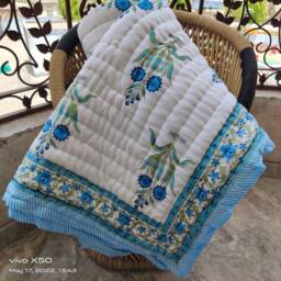 Hand Block Print Cotton Quilt, Floral Jaipuri Razai, Handmade Queen Bedspread - thumbnail 2