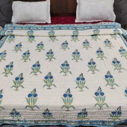 Hand Block Print Cotton Quilt, Floral Jaipuri Razai, Handmade Queen Bedspread - thumbnail 3