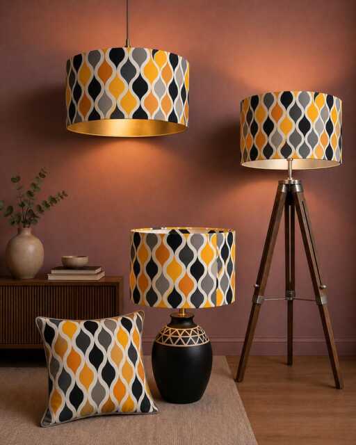 New High Quality Handmade Yellow Black Retro Geometric Pattern On Velvet Drum Shape Lamp Shade Pendant Light All Size - image 1