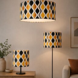 New High Quality Handmade Yellow Black Retro Geometric Pattern On Velvet Drum Shape Lamp Shade Pendant Light All Size - thumbnail 2