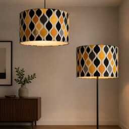 New High Quality Handmade Yellow Black Retro Geometric Pattern On Velvet Drum Shape Lamp Shade Pendant Light All Size - thumbnail 3