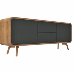 Wood Sideboard With Black Fronts, Low Tv Unit Drawers & Compartments, Console, Stand, Vinyl Record Storage, Media Console - thumbnail 2