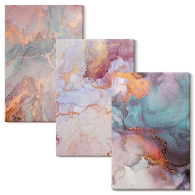 Canvas Wall Art Set Of 3 - Patterns in Pastel Colors With Accents, Pink Large, Abstract Hanging Piece - image 1