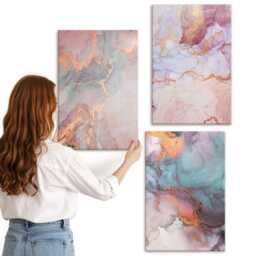 Canvas Wall Art Set Of 3 - Patterns in Pastel Colors With Accents, Pink Large, Abstract Hanging Piece - thumbnail 2