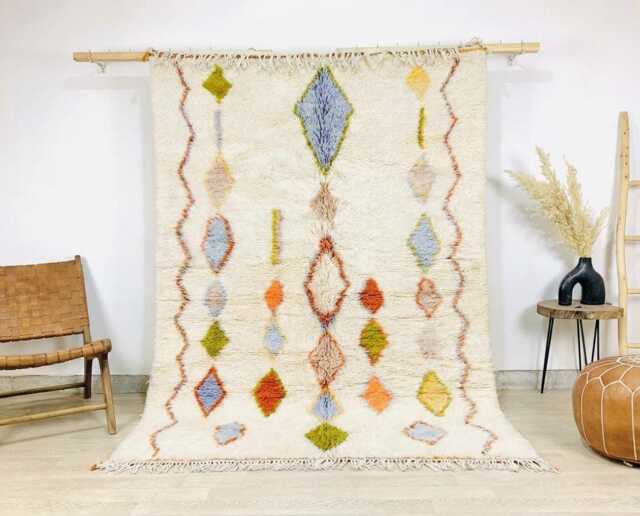 Ivory Moroccan Berber Rug, Handwoven Wool Shag Colorful Diamond Motifs, Authentic Beni Ourain Style Carpet, Large 9x12 Area Rug - image 1